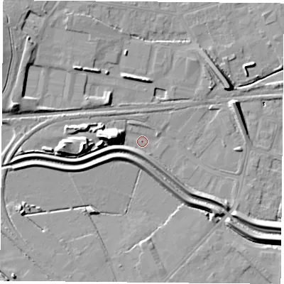 Shaded relief map of the ground around DN67BA, computed from Environment Agency LiDAR. The ground here sits at about 6 m above sea level and falls 17 m across the surrounding 800 m. Surface water reaching this point runs off ground lying to the west, 12.9 m higher.