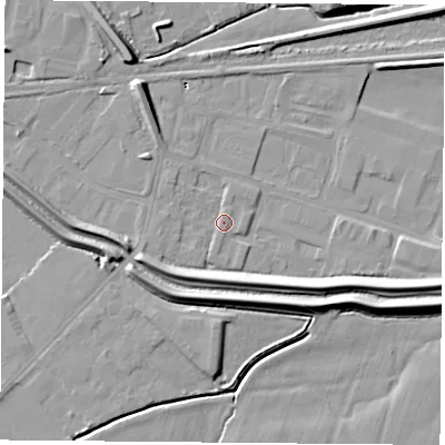 Shaded relief map of the ground around DN67BD, computed from Environment Agency LiDAR. The ground here sits at about 5 m above sea level and falls 10 m across the surrounding 800 m. Surface water reaching this point runs off ground lying to the west-south-west, 1.9 m higher.