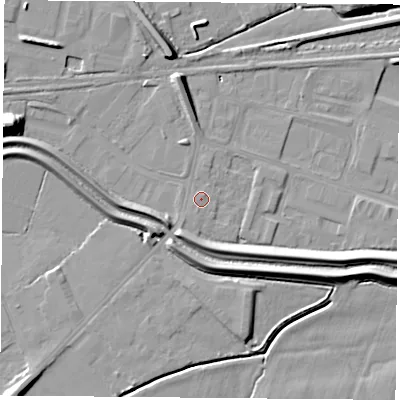 Shaded relief map of the ground around DN67BE, computed from Environment Agency LiDAR. The ground here sits at about 6 m above sea level and falls 17 m across the surrounding 800 m. Surface water reaching this point runs off ground lying to the south-south-west, 0.8 m higher.