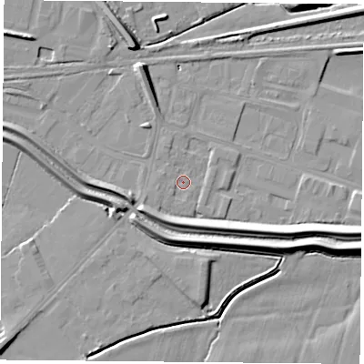 Shaded relief map of the ground around DN67BG, computed from Environment Agency LiDAR. The ground here sits at about 5 m above sea level and falls 10 m across the surrounding 800 m. Surface water reaching this point runs off ground lying to the west-south-west, 1.7 m higher.