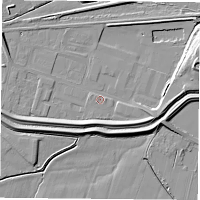 Shaded relief map of the ground around DN67BH, computed from Environment Agency LiDAR. The ground here sits at about 5 m above sea level and falls 14 m across the surrounding 800 m. Surface water reaching this point runs off ground lying to the west, 6.1 m higher.