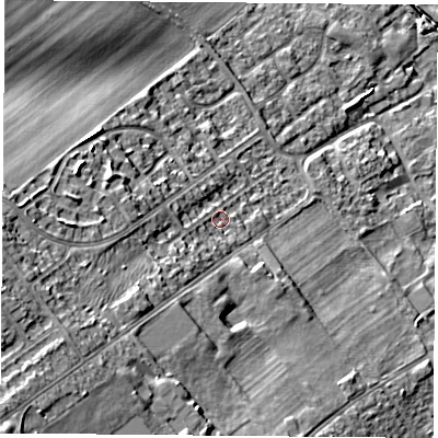 Shaded relief map of the ground around DN67DB, computed from Environment Agency LiDAR. The ground here sits at about 15 m above sea level and falls 25 m across the surrounding 800 m. Surface water reaching this point runs off ground lying to the west-south-west, 13.5 m higher.