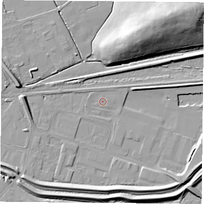Shaded relief map of the ground around DN67DU, computed from Environment Agency LiDAR. The ground here sits at about 4 m above sea level and falls 25 m across the surrounding 800 m. Surface water reaching this point runs off ground lying to the west-north-west, 1.0 m higher.