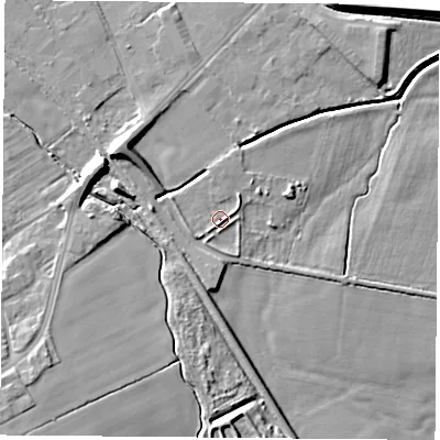 Shaded relief map of the ground around DN67FG, computed from Environment Agency LiDAR. The ground here sits at about 7 m above sea level and falls 11 m across the surrounding 800 m. Surface water reaching this point runs off ground lying to the west, 2.3 m higher.