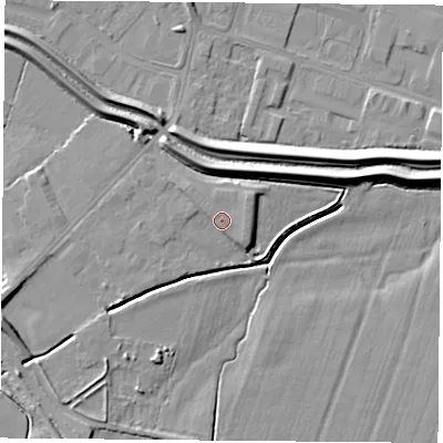 Shaded relief map of the ground around DN67HD, computed from Environment Agency LiDAR. The ground here sits at about 8 m above sea level and falls 9 m across the surrounding 800 m. Surface water reaching this point runs off ground lying to the north-east, 2.1 m higher.