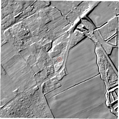Shaded relief map of the ground around DN67HF, computed from Environment Agency LiDAR. The ground here sits at about 8 m above sea level and falls 19 m across the surrounding 800 m. Surface water reaching this point runs off ground lying to the south, 2.0 m higher.