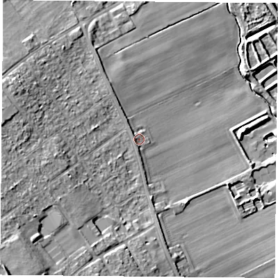 Shaded relief map of the ground around DN67LL, computed from Environment Agency LiDAR. The ground here sits at about 12 m above sea level and falls 25 m across the surrounding 800 m. Surface water reaching this point runs off ground lying to the south-west, 12.5 m higher.