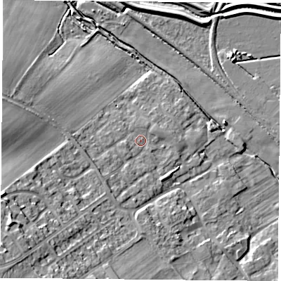 Shaded relief map of the ground around DN67UT, computed from Environment Agency LiDAR. The ground here sits at about 9 m above sea level and falls 18 m across the surrounding 800 m. Surface water reaching this point runs off ground lying to the south-west, 14.3 m higher.