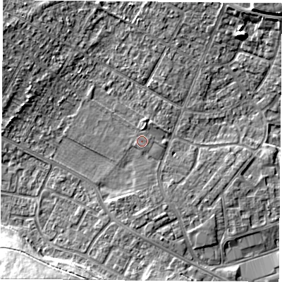 Shaded relief map of the ground around DN68AP, computed from Environment Agency LiDAR. The ground here sits at about 9 m above sea level and falls 16 m across the surrounding 800 m. The ground contributing surface water to this point lies to the west-south-west.