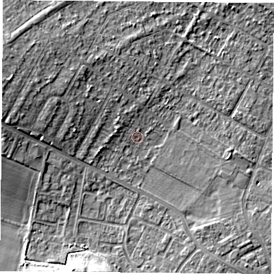 Shaded relief map of the ground around DN68AR, computed from Environment Agency LiDAR. The ground here sits at about 9 m above sea level and falls 12 m across the surrounding 800 m. Surface water reaching this point runs off ground lying to the west-north-west, 2.5 m higher.