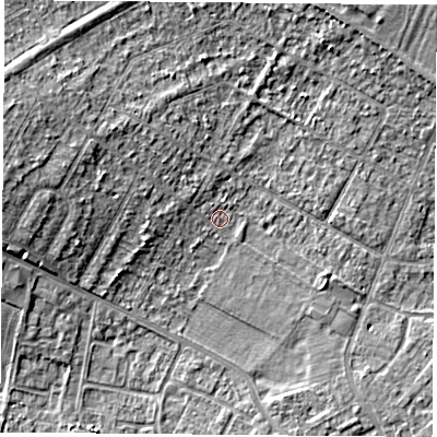 Shaded relief map of the ground around DN68AS, computed from Environment Agency LiDAR. The ground here sits at about 9 m above sea level and falls 11 m across the surrounding 800 m. Surface water reaching this point runs off ground lying to the west-north-west, 1.9 m higher.