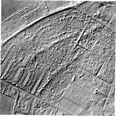 Shaded relief map of the ground around DN68AU, computed from Environment Agency LiDAR. The ground here sits at about 11 m above sea level and falls 12 m across the surrounding 800 m. Surface water reaching this point runs off ground lying to the west-north-west, 2.8 m higher.