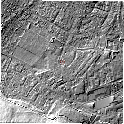 Shaded relief map of the ground around DN68AW, computed from Environment Agency LiDAR. The ground here sits at about 9 m above sea level and falls 22 m across the surrounding 800 m. Surface water reaching this point runs off ground lying to the south, 1.2 m higher.