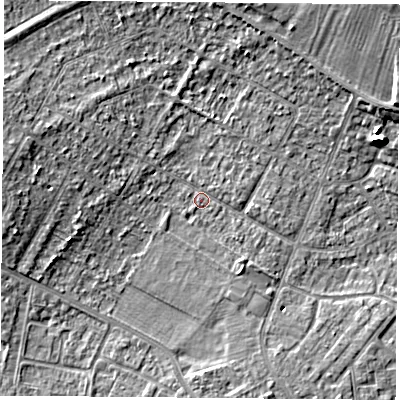 Shaded relief map of the ground around DN68AZ, computed from Environment Agency LiDAR. The ground here sits at about 9 m above sea level and falls 12 m across the surrounding 800 m. Surface water reaching this point runs off ground lying to the west-north-west, 4.7 m higher.