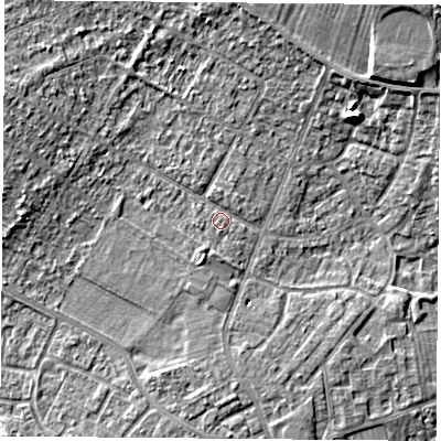 Shaded relief map of the ground around DN68BA, computed from Environment Agency LiDAR. The ground here sits at about 9 m above sea level and falls 12 m across the surrounding 800 m. Surface water reaching this point runs off ground lying to the west-south-west, 1.0 m higher.