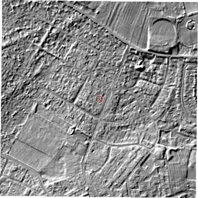 Shaded relief map of the ground around DN68BB, computed from Environment Agency LiDAR. The ground here sits at about 8 m above sea level and falls 12 m across the surrounding 800 m. Surface water reaching this point runs off ground lying to the west, 1.1 m higher.