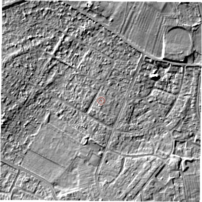 Shaded relief map of the ground around DN68BD, computed from Environment Agency LiDAR. The ground here sits at about 9 m above sea level and falls 13 m across the surrounding 800 m. Surface water reaching this point runs off ground lying to the west-north-west, 3.6 m higher.