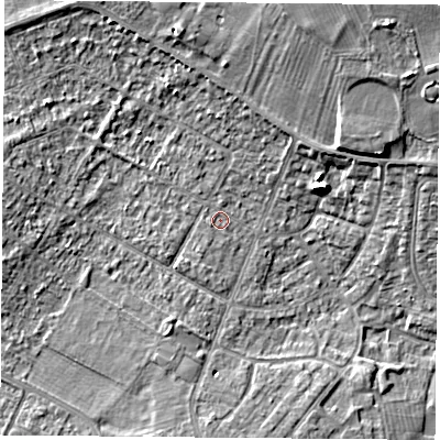 Shaded relief map of the ground around DN68BE, computed from Environment Agency LiDAR. The ground here sits at about 8 m above sea level and falls 13 m across the surrounding 800 m. Surface water reaching this point runs off ground lying to the north-east, 10.5 m higher.