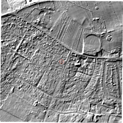 Shaded relief map of the ground around DN68BG, computed from Environment Agency LiDAR. The ground here sits at about 9 m above sea level and falls 14 m across the surrounding 800 m. Surface water reaching this point runs off ground lying to the north-north-east, 3.8 m higher.
