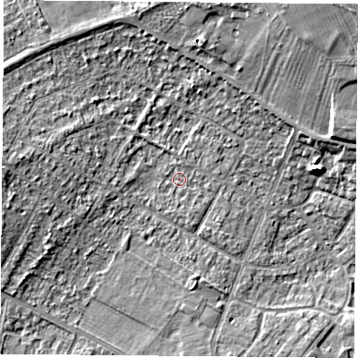 Shaded relief map of the ground around DN68BH, computed from Environment Agency LiDAR. The ground here sits at about 9 m above sea level and falls 13 m across the surrounding 800 m. Surface water reaching this point runs off ground lying to the west, 3.2 m higher.