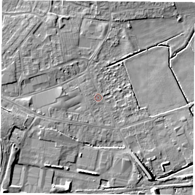 Shaded relief map of the ground around DN68DA, computed from Environment Agency LiDAR. The ground here sits at about 7 m above sea level and falls 13 m across the surrounding 800 m. Surface water reaching this point runs off ground lying to the west-north-west, 1.0 m higher.
