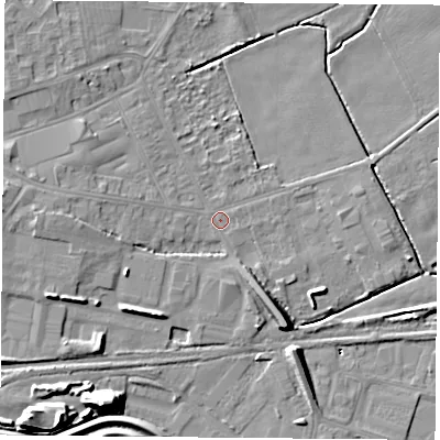 Shaded relief map of the ground around DN68DB, computed from Environment Agency LiDAR. The ground here sits at about 6 m above sea level and falls 17 m across the surrounding 800 m. Surface water reaching this point runs off ground lying to the west-south-west, 5.6 m higher.