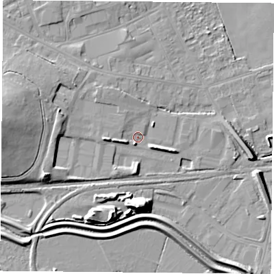 Shaded relief map of the ground around DN68DD, computed from Environment Agency LiDAR. The ground here sits at about 7 m above sea level and falls 16 m across the surrounding 800 m. Surface water reaching this point runs off ground lying to the west, 3.2 m higher.