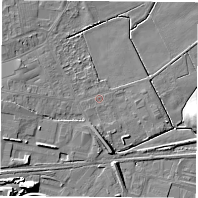 Shaded relief map of the ground around DN68DE, computed from Environment Agency LiDAR. The ground here sits at about 6 m above sea level and falls 17 m across the surrounding 800 m. Surface water reaching this point runs off ground lying to the west, 3.7 m higher.