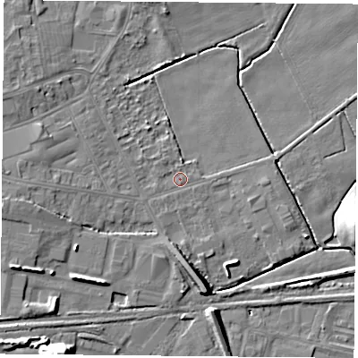Shaded relief map of the ground around DN68DF, computed from Environment Agency LiDAR. The ground here sits at about 5 m above sea level and falls 17 m across the surrounding 800 m. Surface water reaching this point runs off ground lying to the west, 3.8 m higher.