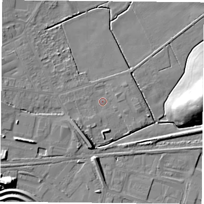 Shaded relief map of the ground around DN68DG, computed from Environment Agency LiDAR. The ground here sits at about 5 m above sea level and falls 19 m across the surrounding 800 m. Surface water reaching this point runs off ground lying to the west-south-west, 5.0 m higher.