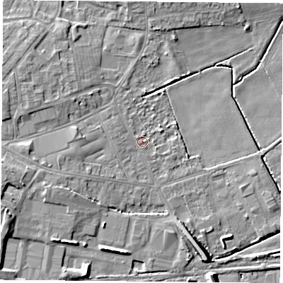 Shaded relief map of the ground around DN68DL, computed from Environment Agency LiDAR. The ground here sits at about 6 m above sea level and falls 11 m across the surrounding 800 m. Surface water reaching this point runs off ground lying to the west-north-west, 1.0 m higher.