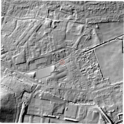 Shaded relief map of the ground around DN68DN, computed from Environment Agency LiDAR. The ground here sits at about 7 m above sea level and falls 16 m across the surrounding 800 m. Surface water reaching this point runs off ground lying to the west, 3.5 m higher.