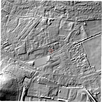 Shaded relief map of the ground around DN68DP, computed from Environment Agency LiDAR. The ground here sits at about 8 m above sea level and falls 18 m across the surrounding 800 m. Surface water reaching this point runs off ground lying to the west, 3.5 m higher.