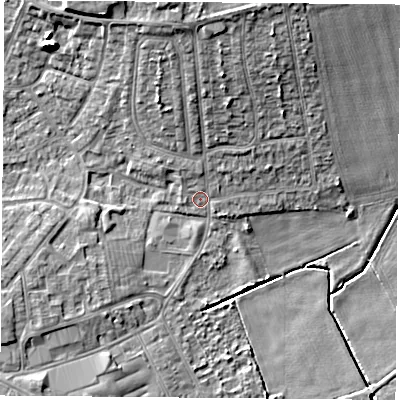 Shaded relief map of the ground around DN68DR, computed from Environment Agency LiDAR. The ground here sits at about 6 m above sea level and falls 13 m across the surrounding 800 m. Surface water reaching this point runs off ground lying to the north, 8.8 m higher.