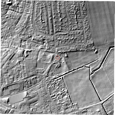 Shaded relief map of the ground around DN68DS, computed from Environment Agency LiDAR. The ground here sits at about 6 m above sea level and falls 12 m across the surrounding 800 m. Surface water reaching this point runs off ground lying to the north-west, 9.4 m higher.
