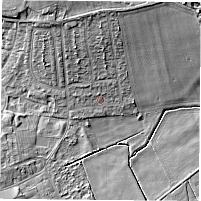 Shaded relief map of the ground around DN68EH, computed from Environment Agency LiDAR. The ground here sits at about 7 m above sea level and falls 13 m across the surrounding 800 m. Surface water reaching this point runs off ground lying to the north, 3.1 m higher.