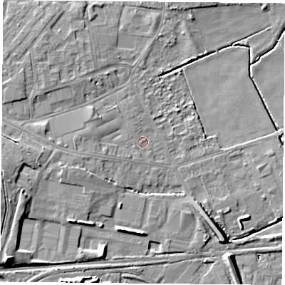Shaded relief map of the ground around DN68HD, computed from Environment Agency LiDAR. The ground here sits at about 7 m above sea level and falls 13 m across the surrounding 800 m. Surface water reaching this point runs off ground lying to the west, 3.0 m higher.