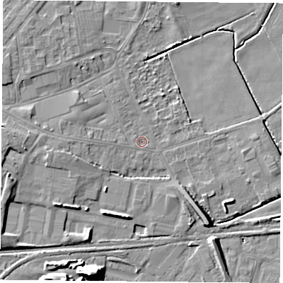 Shaded relief map of the ground around DN68HE, computed from Environment Agency LiDAR. The ground here sits at about 6 m above sea level and falls 17 m across the surrounding 800 m. Surface water reaching this point runs off ground lying to the west, 3.2 m higher.