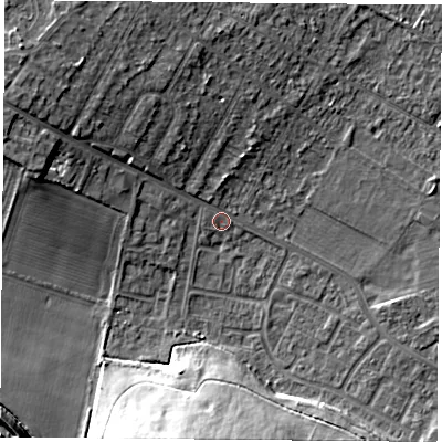 Shaded relief map of the ground around DN68HP, computed from Environment Agency LiDAR. The ground here sits at about 10 m above sea level and falls 17 m across the surrounding 800 m. Surface water reaching this point runs off ground lying to the north-west, 1.4 m higher.