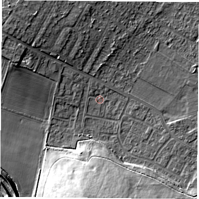 Shaded relief map of the ground around DN68HR, computed from Environment Agency LiDAR. The ground here sits at about 9 m above sea level and falls 21 m across the surrounding 800 m. Surface water reaching this point runs off ground lying to the north-north-west, 1.4 m higher.