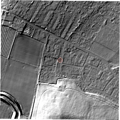 Shaded relief map of the ground around DN68HS, computed from Environment Agency LiDAR. The ground here sits at about 9 m above sea level and falls 22 m across the surrounding 800 m. Surface water reaching this point runs off ground lying to the north-west, 9.6 m higher.