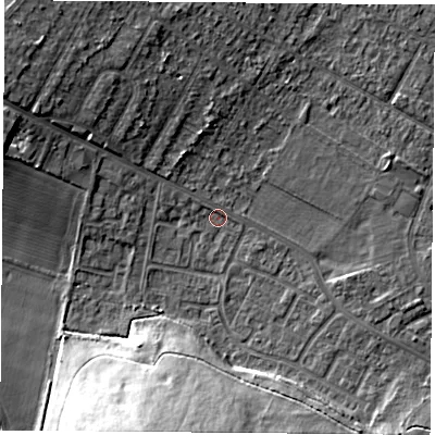 Shaded relief map of the ground around DN68JA, computed from Environment Agency LiDAR. The ground here sits at about 9 m above sea level and falls 20 m across the surrounding 800 m. Surface water reaching this point runs off ground lying to the west-north-west, 1.4 m higher.