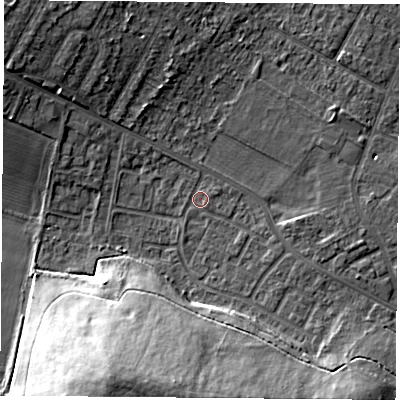 Shaded relief map of the ground around DN68JB, computed from Environment Agency LiDAR. The ground here sits at about 9 m above sea level and falls 23 m across the surrounding 800 m. Surface water reaching this point runs off ground lying to the south-south-west, 0.8 m higher.