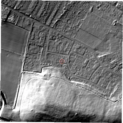 Shaded relief map of the ground around DN68JD, computed from Environment Agency LiDAR. The ground here sits at about 9 m above sea level and falls 22 m across the surrounding 800 m. Surface water reaching this point runs off ground lying to the south, 19.6 m higher.