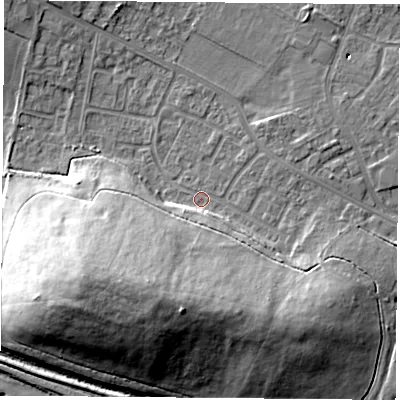 Shaded relief map of the ground around DN68JF, computed from Environment Agency LiDAR. The ground here sits at about 10 m above sea level and falls 23 m across the surrounding 800 m. Surface water reaching this point runs off ground lying to the south-south-west, 18.6 m higher.