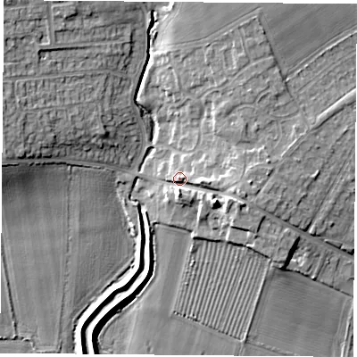 Shaded relief map of the ground around DN68JS, computed from Environment Agency LiDAR. The ground here sits at about 14 m above sea level and falls 12 m across the surrounding 800 m. Surface water reaching this point runs off ground lying to the east, 4.9 m higher.