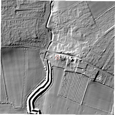 Shaded relief map of the ground around DN68JW, computed from Environment Agency LiDAR. The ground here sits at about 13 m above sea level and falls 12 m across the surrounding 800 m. Surface water reaching this point runs off ground lying to the east, 7.2 m higher.