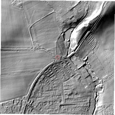 Shaded relief map of the ground around DN68JX, computed from Environment Agency LiDAR. The ground here sits at about 23 m above sea level and falls 19 m across the surrounding 800 m. Surface water reaching this point runs off ground lying to the west-north-west, 3.1 m higher.