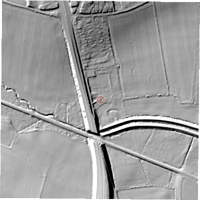 Shaded relief map of the ground around DN68LN, computed from Environment Agency LiDAR. The ground here sits at about 10 m above sea level and falls 23 m across the surrounding 800 m. Surface water reaching this point runs off ground lying to the north-north-west, 20.7 m higher.