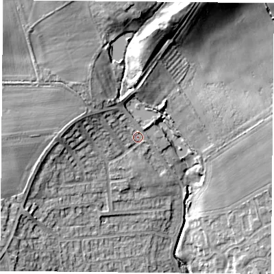 Shaded relief map of the ground around DN68PE, computed from Environment Agency LiDAR. The ground here sits at about 18 m above sea level and falls 18 m across the surrounding 800 m. Surface water reaching this point runs off ground lying to the north-west, 7.7 m higher.
